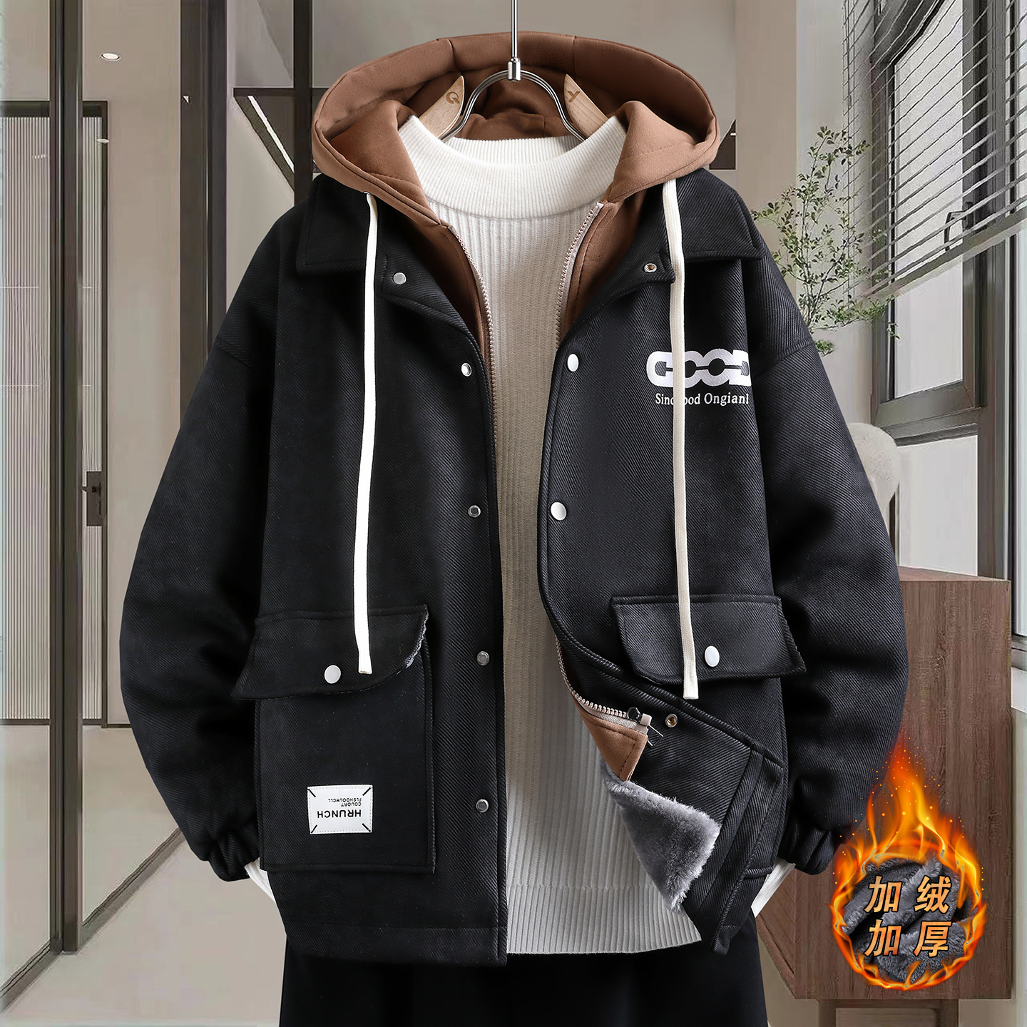 唯品会秋冬款假两件外套男初中高中学生加绒加厚夹克青少年大童冬