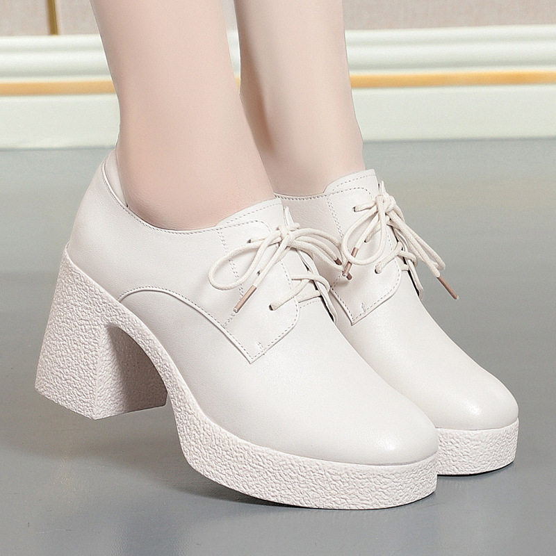 撤柜真皮系带小皮鞋厚底粗跟防水台高跟鞋不累脚女鞋女士软皮单鞋