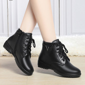 秋冬防滑坡跟大码 撤柜妈妈棉鞋 真皮平跟软底中老年人羊毛皮鞋 短靴