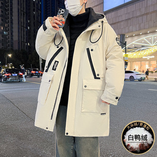 品牌断码冬季青少年中长款羽绒服男孩初中高中学生加厚白鸭绒外套