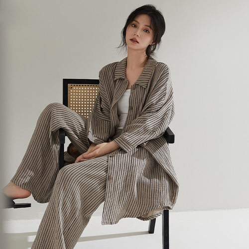 撤柜睡衣秋季款女士女款春秋新款纯棉纱布大码长袖长裤家居服套装