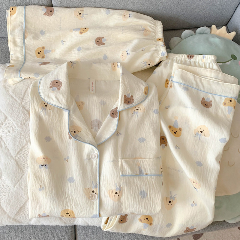 撤柜可爱小狗睡衣女款春夏季纯棉纱布短袖短裤长裤三件套装卡通家
