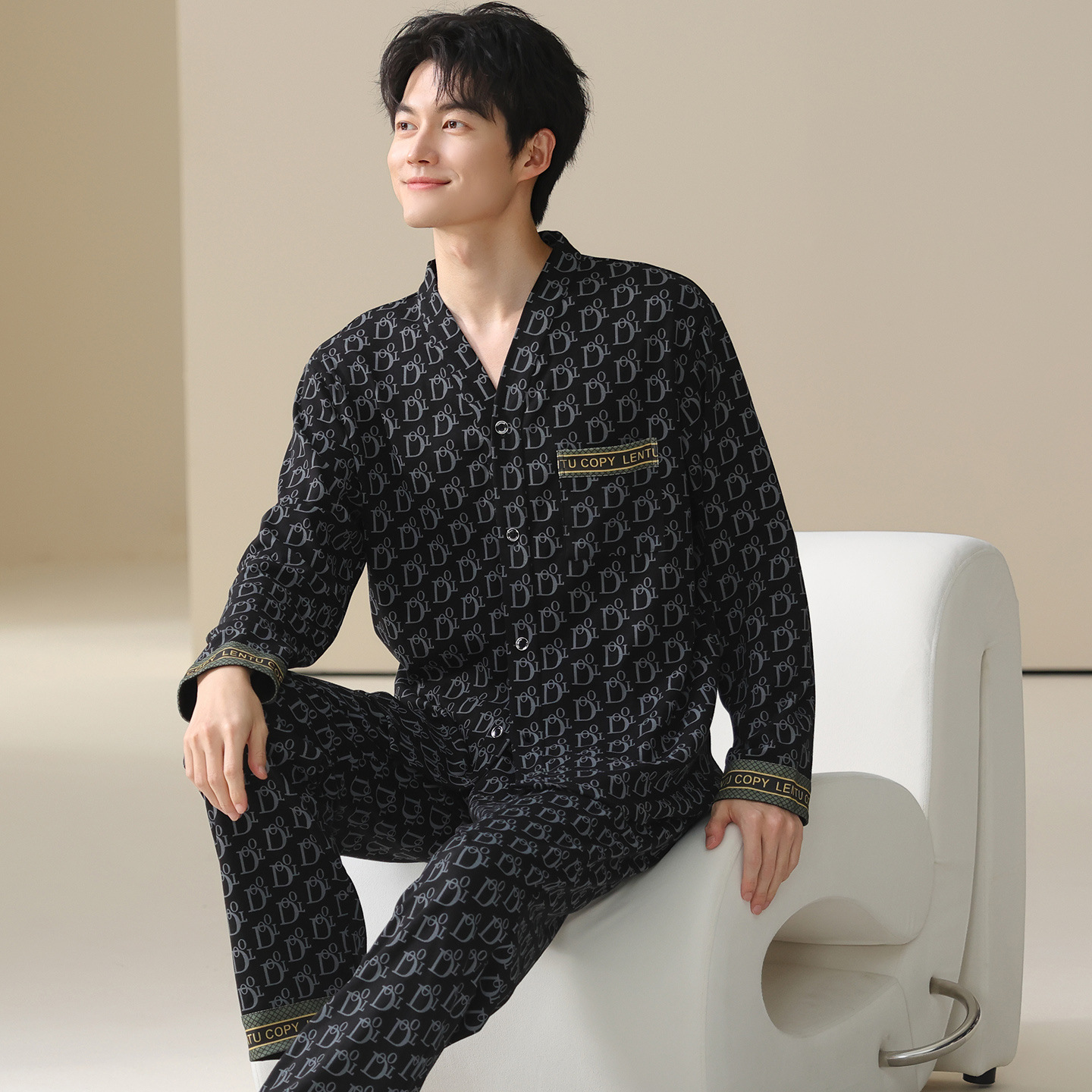 进口新品春秋季睡衣男士简约休闲V领家居服可外穿青年宽松大码长