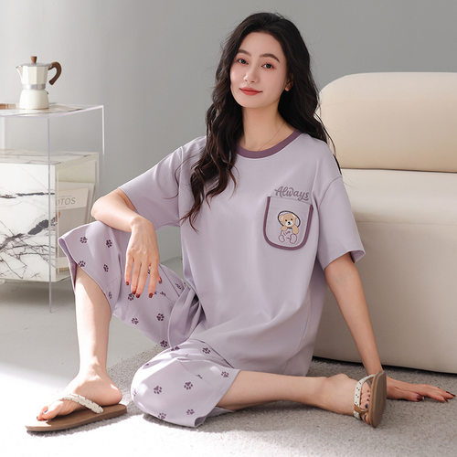 撤柜纯棉睡衣女夏季短袖短裤七分裤卡通带胸垫三件套可外穿家居服