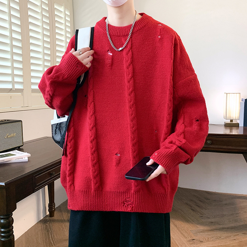 进口时尚秋冬新品麻花破洞毛衣男宽松慵懒风粗针线衣针织专供