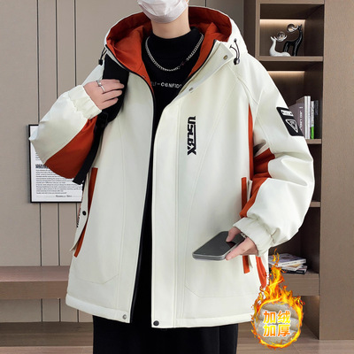 唯品会秋冬季青少年连帽外套冲锋衣男初中高中学生加绒加厚夹克大