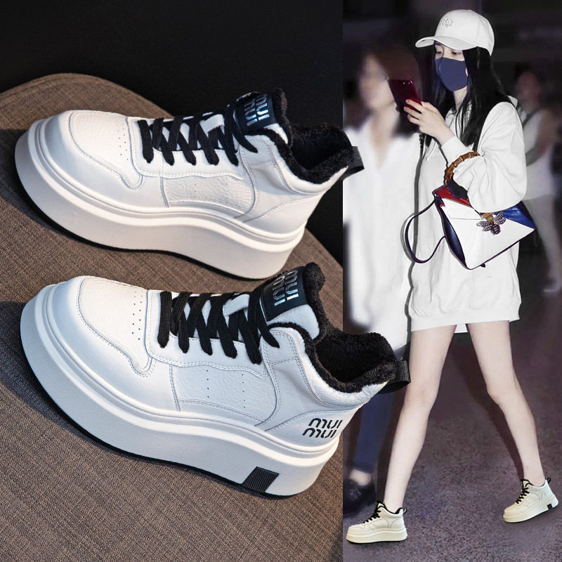 撤柜高帮加绒小白鞋女秋冬新款真皮百搭厚底增高女鞋运动休闲板鞋