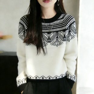 撤柜费尔岛提花针织衫女慵懒风圆领毛衣秋冬加厚高级感保暖打底衫