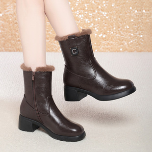 撤柜粗跟时装靴子冬季棉鞋加绒妈妈皮鞋保暖鞋子女款软底短靴
