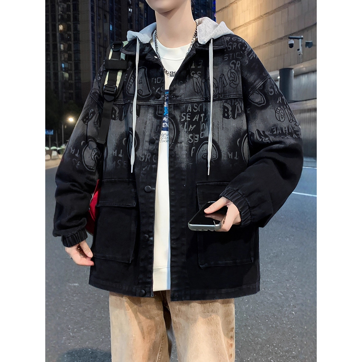 唯品会高初中学生岁潮流帅气牛仔夹克青少年春秋季连帽外套男装