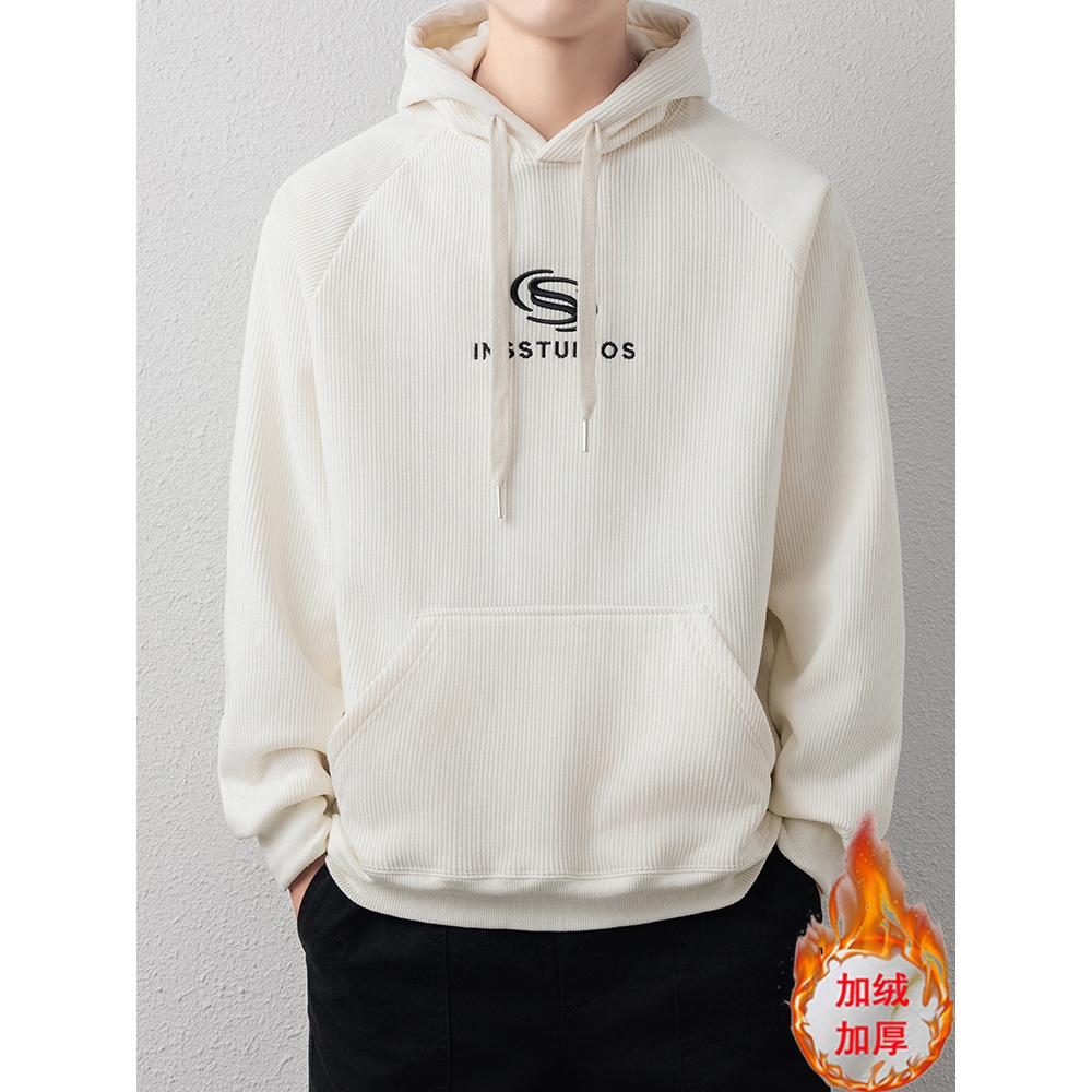 唯品会秋冬男士灯芯绒加绒加厚连帽卫衣外套青少年中学生时尚打底