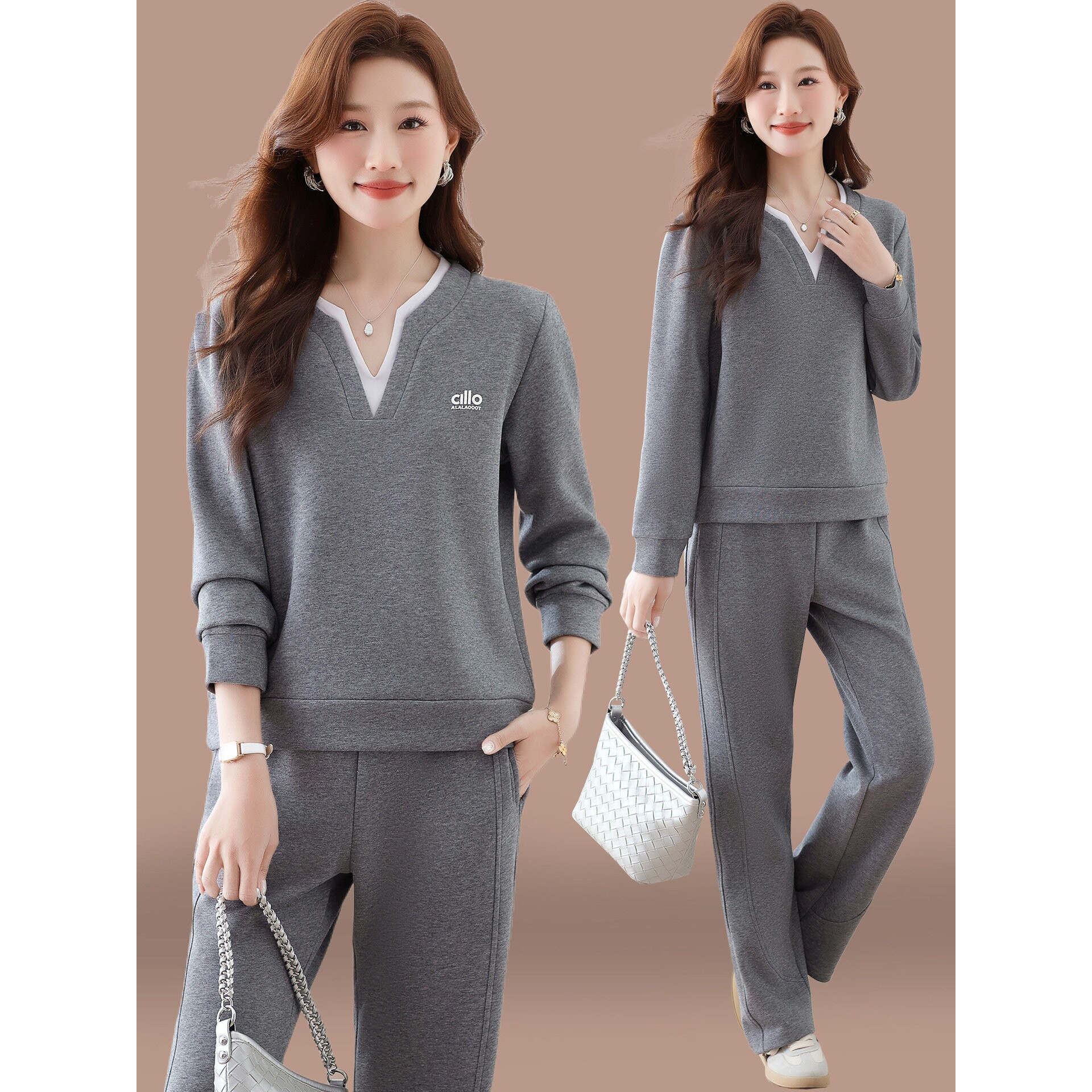 撤柜运动休闲套装女春秋新款时髦时尚洋气妈妈V领卫衣卫裤两件套