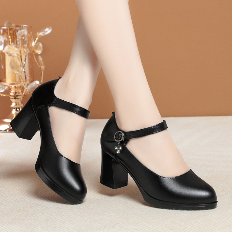 撤柜旗袍模特走秀高跟鞋女不累脚真皮粗跟防水台皮鞋中跟跳舞软底