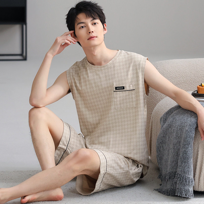 撤柜夏季新品爆款纯棉睡衣套装男士家居服背心短裤休闲可外穿