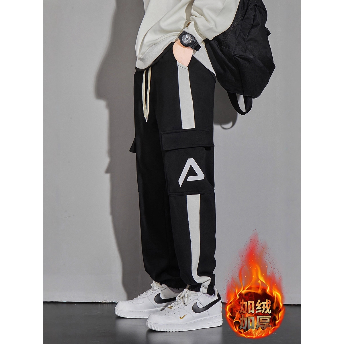 进口新品工装裤运动裤男秋冬款加绒加厚初中高中生裤子男生青少年