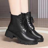 靴子粗跟中老年女靴皮鞋 撤柜真皮短靴马丁靴加绒中年妈妈鞋 女鞋 秋