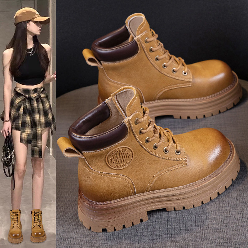 撤柜马丁靴女款工装靴秋冬新款英伦风短靴厚底百搭真皮加绒大黄靴