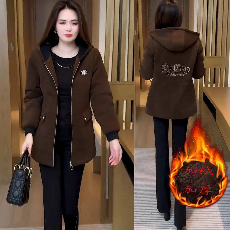 撤柜冬季新款中长款妈妈装加绒加厚保暖棉服外套时尚连帽女装棉衣
