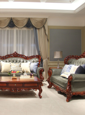 欧式美式古典实木豪宅别墅家具FF FP13四人沙发真皮长茶几小方几