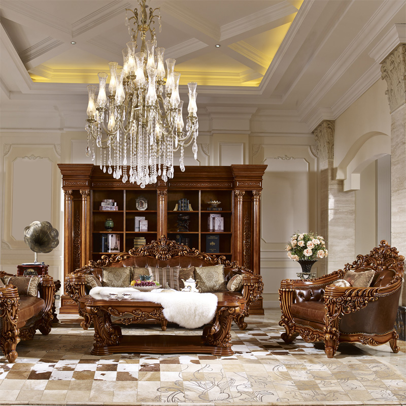 欧式美式古典实木豪宅别墅家具FF17沙发长茶几敞开式大书柜地柜