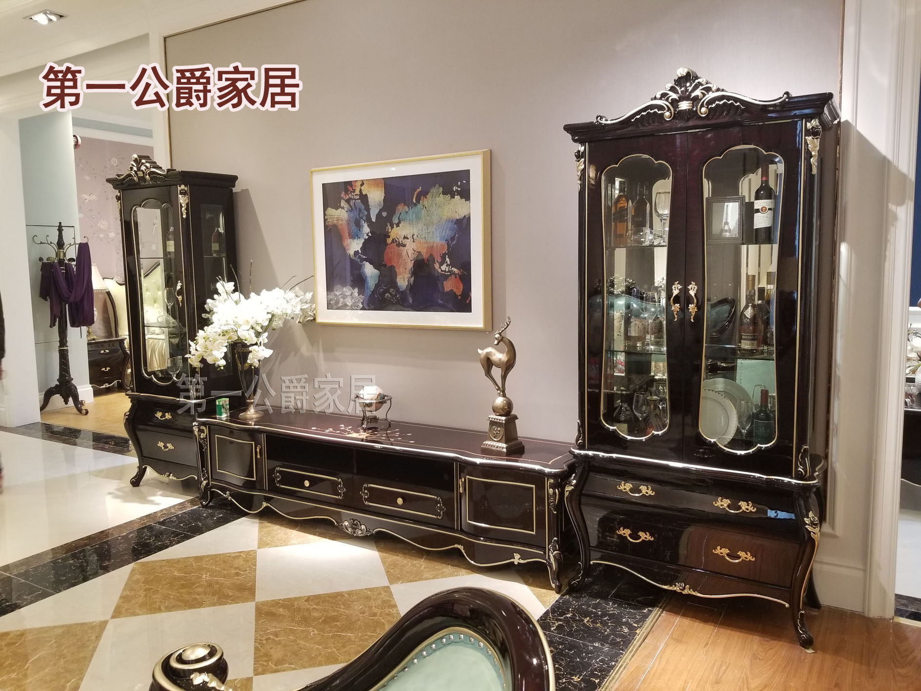 欧式法式贵族奢华家具新古典黑檀钢琴漆ZB18-1电视柜2.4地柜酒柜