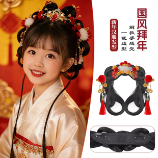 儿童汉服新年头饰古装假发包一体式发箍款小财神发髻国风拜年发型