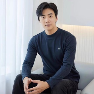 男士中领加绒打底衫秋冬加绒上衣蚕丝羊绒衫刺绣修身长袖t恤男款