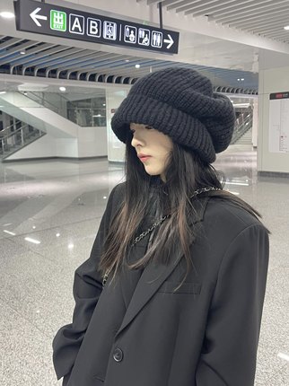 大版显脸小贝雷帽堆堆帽渔夫帽三合一大头围保暖针织毛线帽子女潮