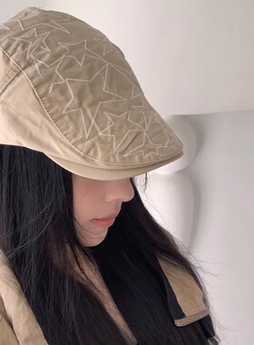 日系复古星星鸭舌前进帽女y2k千禧辣妹百搭显脸小贝雷帽子大头围