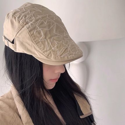 日系复古星星鸭舌前进帽女y2k千禧辣妹百搭显脸小贝雷帽子大头围
