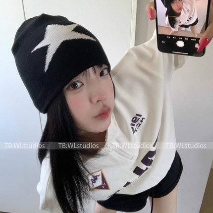 超酷！韩版星星针织帽女秋冬街头时髦辣妹复古冷帽护耳包头帽男潮