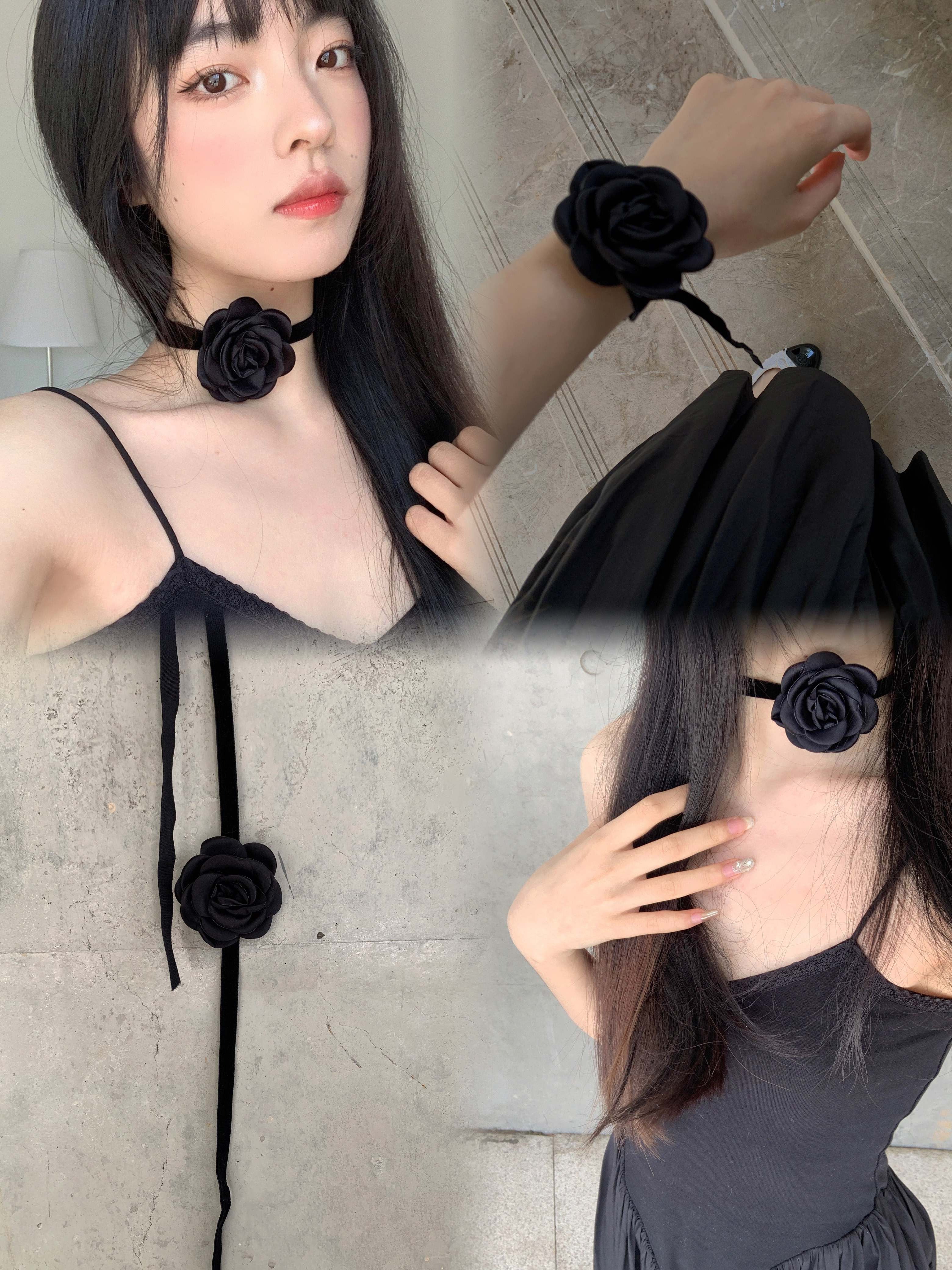 绸缎绑带女花朵项链优雅