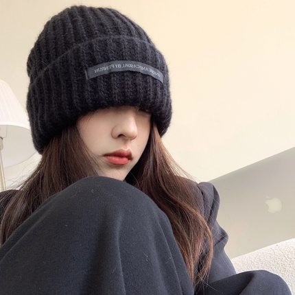 大版大头围毛线帽子男女秋冬韩版显脸小护耳贴布针织帽堆堆帽冬季