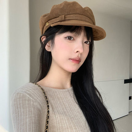 韩版复古八角贝雷帽女秋冬显脸白棕色报童帽大头围英伦风鸭舌帽子