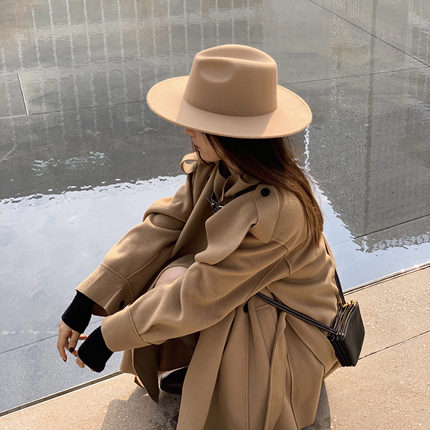 春秋季毛呢帽子女潮韩国气质百搭大檐巴拿马帽韩版街拍凹造型礼帽