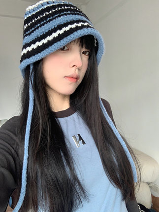 秋冬条纹撞色手工毛线渔夫帽女秋冬百搭显脸小保暖护耳针织盆帽潮