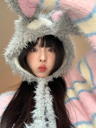 冬季可爱毛绒兔子套头帽日系甜美加厚保暖兔耳朵护耳卡通雷锋帽女