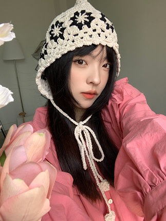 镂空花朵包头帽子女吊坠毛线帽可爱薄款手钩针织帽四季堆堆帽复古