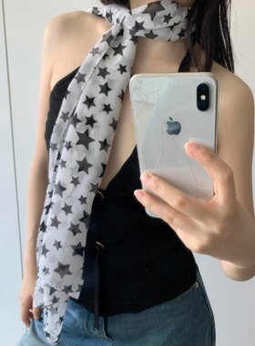 韩系小众设计感星星丝巾女潮多种戴法头巾百搭绑带个性飘带围巾