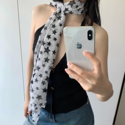 韩系小众设计感星星丝巾女潮多种戴法头巾百搭绑带个性飘带围巾