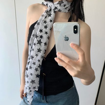 韩系小众设计感星星丝巾女潮多种戴法头巾百搭绑带个性飘带围巾