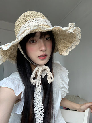 日系甜美蕾丝系带镂空草帽女夏季出游韩版百搭ins防晒沙滩遮阳帽