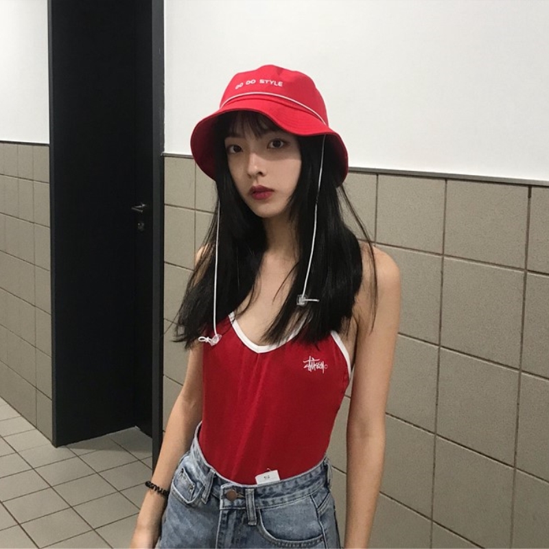韩版嘻哈街舞长带子红色渔夫帽子男夏天百搭休闲遮阳帽女盆帽个性