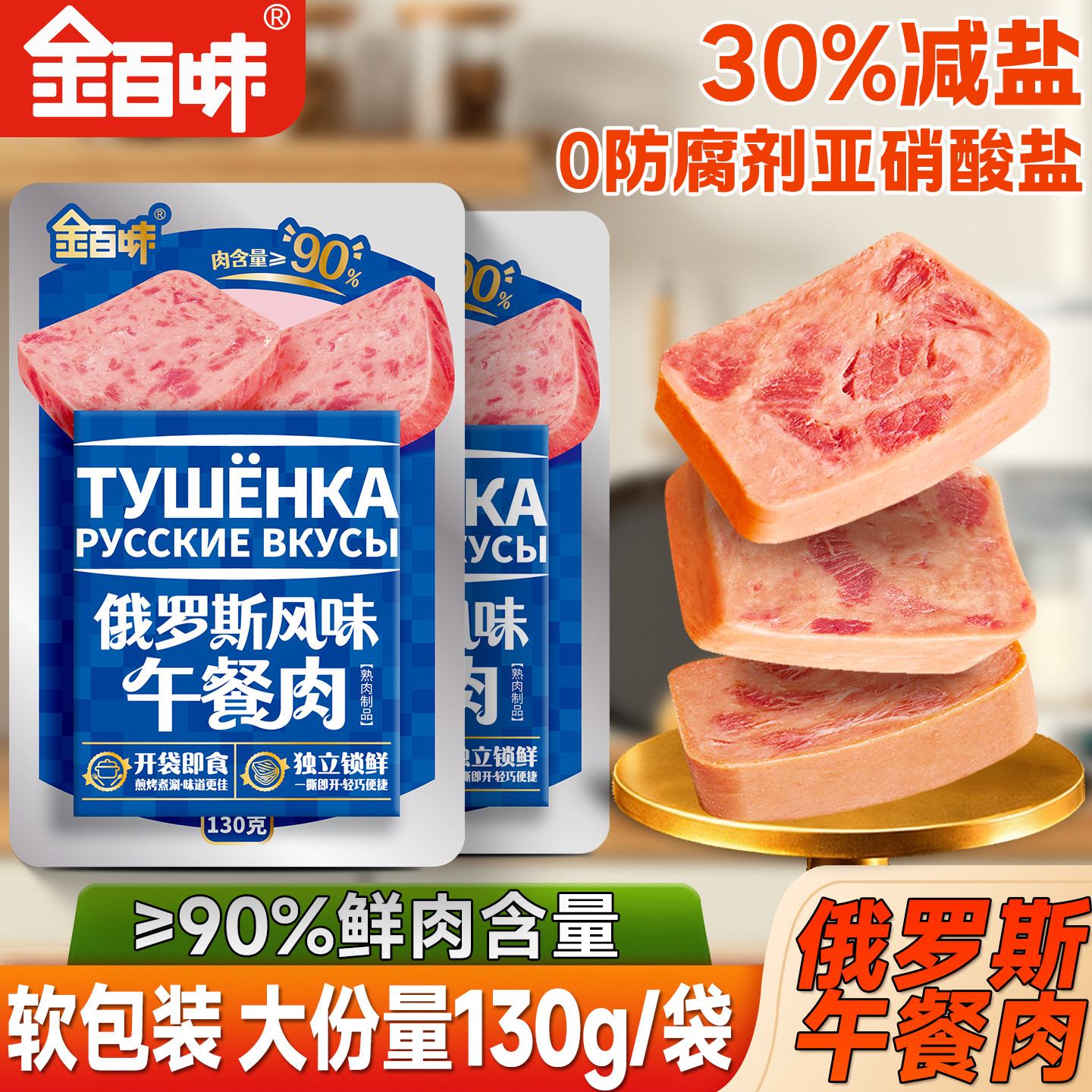 金百味午餐肉罐头整箱俄罗斯风味火锅烧烤食材 早餐三明治130g/片