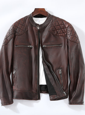 捡漏秋季真皮机车头层牛皮男士夹克外套贝克汉姆同款立领做旧短款