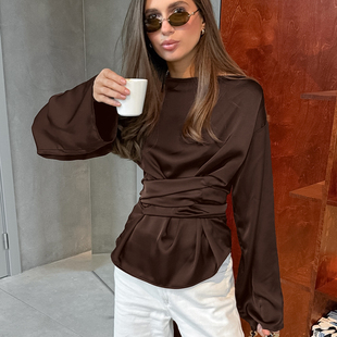 围裹上衣时尚 修身 收腰绑带 Shirt欧美女士衬衣圆领长袖 Fashion
