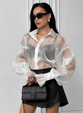 Fashion Shirt欧美女士衬衫透明白色网纱衬衣长袖亮面上衣透视