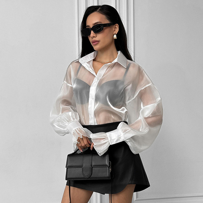 女士衬衫透明白色网纱衬衣长袖
