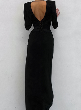 Elegant Dress欧美女士连衣裙V领长袖收腰优雅名媛长裙开叉晚礼服