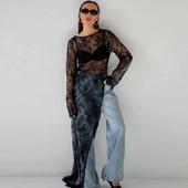 圆领长袖 Lace Dress欧美女士连衣裙黑色蕾丝透视性感透视装 不对称